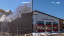 split photo, left half with Station 9 tear down and right half with new building