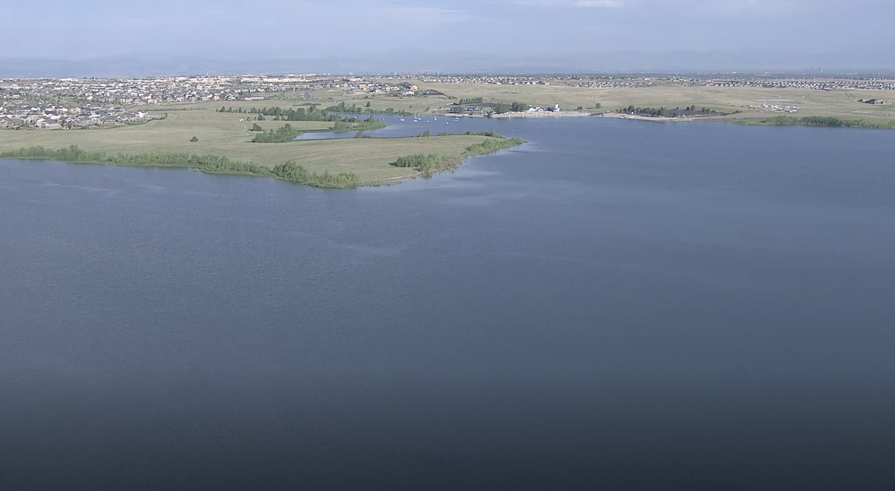 Wide view of Aurora Reservoir and the surrounding Colorado landscape