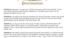 Text of Proclamation for National Suicide Awareness and Prevention Month that links to the video of the reading of the Proclamation