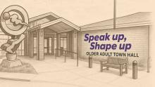 AI generated graphic sketch of Aurora Center for Active Adults with Speak Up, Shape Up logo