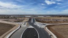 Aerial drone shot of diverging diamond interchange at Picadilly I-70
