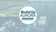 Build Up Aurora logo with images of city infrastructure behind it