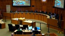 Council chambers during a city council meeting.
