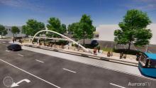 rendering of future East Colfax Bus Rapid Transit stop with people, trees and buildings