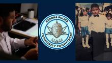 3 side-by-side images - one of APD detective working, one of the APD logo and one of the detective as a small boy in El Salvador