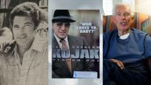 three images side-by-side: young Mark Russell posing in black and white newspaper photo, Telly Savalas as Kojak with words "Kojak" and Mark Russell today sitting in chair and smiling