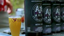 split image with glass of beer on left and bottles of AJ's Haze on the right