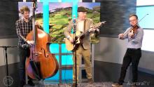 three men playing a cello, guitar and violin in front of a green Irish pasture